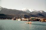 Mountains, Harbor, buildings, dock, village, forest, Juneau