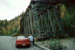 Wooden Trestle Bridge, Chickaloon Railroad, Matanuska-Susitna Borough, red car, Dodge Neon, Alaska, CNAV03P01_17