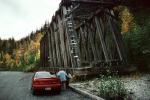 Wooden Trestle Bridge, Chickaloon Railroad, Matanuska-Susitna Borough, red car, Dodge Neon, Alaska, CNAV03P01_18