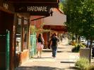 sidewalk, shops, stores, buildings, trees, flag, Downtown Calistoga, CNCD01_029