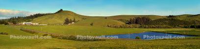 Pond, Fields, Bodega, Hills, Panorama