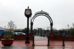 Arch, Downtown Plaza, City of Newman, Stanislaus County, outdoor clock, outside, exterior, building, CNCD03_006