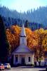 Church and steeple, cars, street, autumn, Quincy, Plumas County, CNCV04P07_08.1732