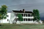 Old Bedlam, Building, stairs, balcony, steps, trees, Fort Laramie National Monument