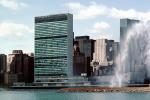 United Nations Building, Delacorte geyser fountain, skyline, clouds, CNYV01P07_02