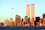 World Trade Center, Sunset, Sunclipse, bird, seagull, boat, Hudson River, 1 December 1989