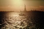 Statue Of Liberty, boat, sun sheen, water