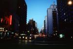 Buildings, skyline, cars, night, nighttime, dusk, evening, 1994, CNYV05P07_15