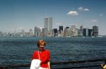 Woman, World Trade Center, New York City, summer, Cityscape, Skyline, Buildings, Skyscrapers, July 1989, 1980s, CNYV08P02_13