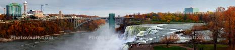 Waterfall, bridge, elevator tower, Skylon Tower, Panorama, City of Niagara Falls, CNZD01_056