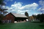 Red Barn, Wagon Wheels, Lawn, Grass, Clouds, COEV01P13_19