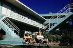 Motel, Poolside, Man, Woman, Sunning, lounging, steps, stairs, balcony, 1950s