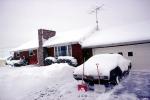 shoveling snow, driveway, Home, House, Snowy Front Lawn, icy, garage, Chimney, Winter, Cars, automobile, vehicles, 1970s, COVV03P08_09
