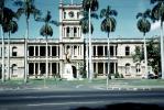 Iolani Palace, The state capital building, King Kamehameha statue, clock tower, landmark, roadside