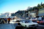 Buildings, Shops, Bridgeway, street, waterfront, Roadway, Cars, Automobiles, Vehicles, Sausalito on a Sunday, summer, tourists, August 1972, 1970s