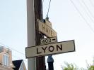 Lyon and Hayes, street sign, June 2005