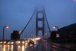 Golden Gate Bridge, Night, nightime, Exterior, Outdoors, Outside, Nighttime, wet, rain, rainy, evening