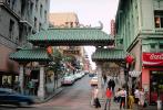 Chinatown Gate, Bush and Grant streets, cars, CSFV01P13_06