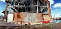 Panorama, Warehouse in Dogpatch, rusty walls, garage doors, spooky, erie, scary, CSFV11P11_06