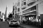 Molinari Delicatessen, taxi cab, sidewalk cafe, Mona Lisa, North-Beach, CSFV17P15_14BW