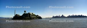 San Francisco Oakland Bay Bridge, Alcatraz Island, skyline, buildings, Panorama