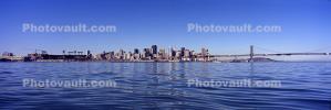 San Francisco Oakland Bay Bridge, Panorama, calm water, baseball park, skyline, buildings, CSFV21P04_09