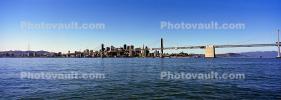 San Francisco Oakland Bay Bridge, Panorama, calm water, skyline, buildings, CSFV21P04_11