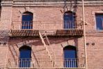 Brick Building, The Cannery, fire escape ladders, building, detail, August 1962, 1960s