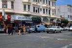 Summer of Love, Haight Ashbury district, Hippies, cars, Cadillac, Mercury Couger, Galant's Liquor store, buildings, street, crosswalk, June 1968, 1960s