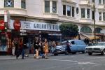 Summer of Love, Haight Ashbury district, Hippies, cars, Cadillac, Mercury Couger, Galant's Liquor store, buildings, street, crosswalk, June 1968, 1960s