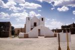 San Geromimo Chapel, small building, Church, Christian, Cross, two bell towers, Clouds, Religion, Religious, Building, exterior, outside, outdoors, Taos Pueblo, New Mexico, CSMV02P11_11
