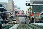 Reno Arch, Virginia Street, Downtown, snow, blizzard, sleet, storm, Cold, Ice, Winter, Wintry, railroad crossing, Cars, vehicles, Automobile, CSNV01P11_13