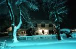 House Covered in Snow, snow storm, building, trees, Nighttime, winter