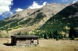 Log cabin, wood, trees, forest, mountain, clouds, Winfield, Chaffee County, ghost town