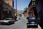 Downtown Bisbee, Cars, buildings, shops, hill, April 1972, 1970s