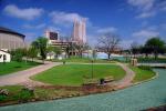 Water Park, benches, paths, footbridge, buildings, stream, San Antonio, CTXV02P02_08.1747