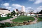 Water Park, benches, paths, footbridge, buildings, stream, San Antonio, 25 March 1993, CTXV02P02_09