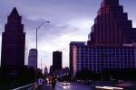 Downtown Austin Buildings, Skyline, dusk, buildings, capitol building, street, 4 July 1999