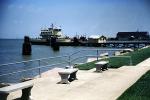 Car Ferry Boat, bench, berm, seawall, dock, Galveston, 1955, 1950s, CTXV03P12_03