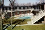 Royal Oaks Apartments, building, swimming pool, stairs, trees, lawn, February 1963, 1960s