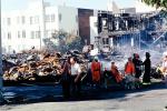 smoldering embers, Burned out Homes, Marina Fire, Rescuers, Marina district, Loma Prieta Earthquake, (1989), 1980s, DAEV01P15_15
