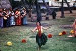 Dancers, Guitar Players, Women, grass skirts, lei, Ethnic Costume, natives, Hula, Hawaiian, March 1964, 1960s, EDAV03P10_08