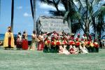 Hawaiian, Hula, ethnic costume, grass hut, palm trees, July 1963, 1960s