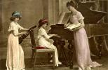 Woman Singing, Grand Piano, Girls, Violin, formal dress, hairbands, RPPC, 1910's, EMAV01P01_01