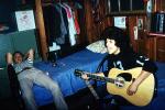 Teenagers, Guitar, singing, beds, cabin, May 1973, 1970s, EMNV01P01_11