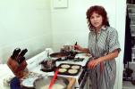 Stove, woman cooking, frying pan, knives, pancakes, breakfast, 1980s, FDNV01P04_06