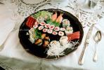 Sushi, Sashimi, Plate, Setting, Spoon, Knife, Fork, Ebi, California Roll, Unagi, Hikama
