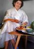 Woman, Gown, Robe, Smiles, Breakfast, Coffee, French Toast, 1950s