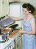 Woman Cooking in the Kitchen, Meat, Gas Stove, electric frying pan, May 1960, 1960s, FDNV02P07_02B