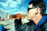 Route 66 Soda, Man, Drinking, Sunglasses